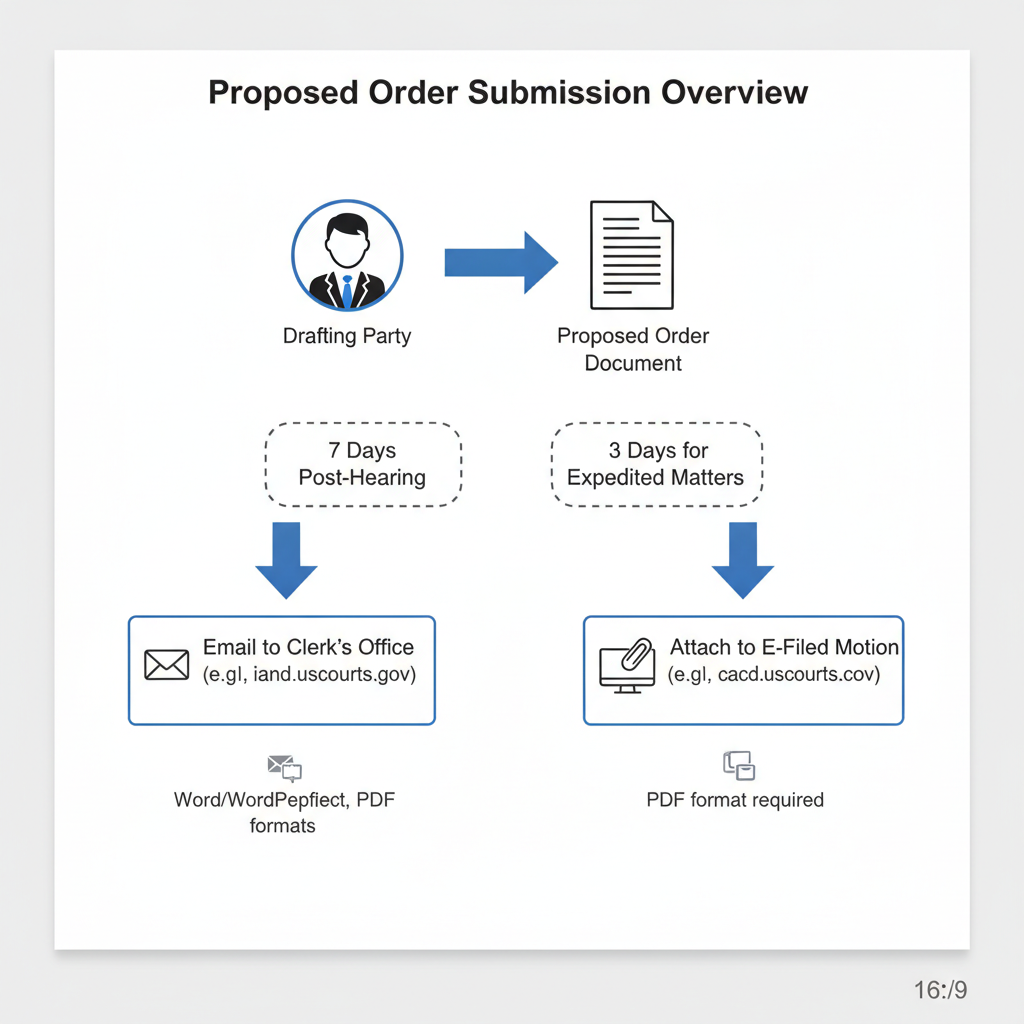 A diagram illustrating the common methods and deadlines for submitting a proposed order to the court, including email and e-filing attachments.