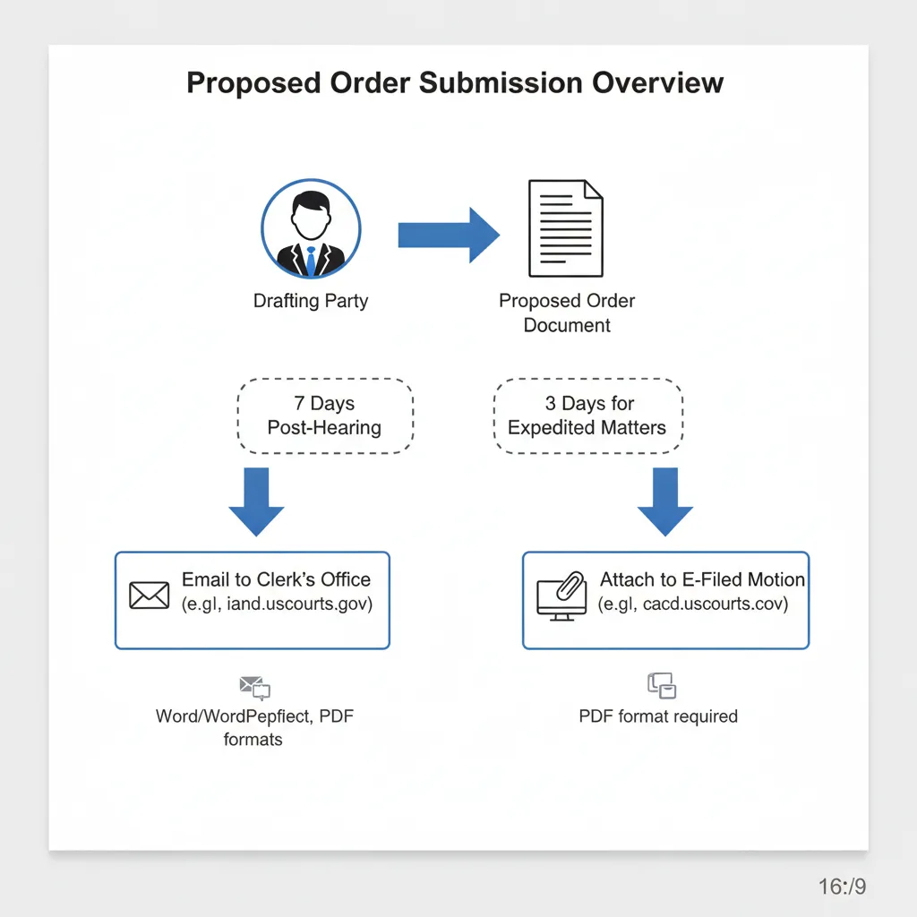 A diagram illustrating the common methods and deadlines for submitting a proposed order to the court, including email and e-filing attachments.