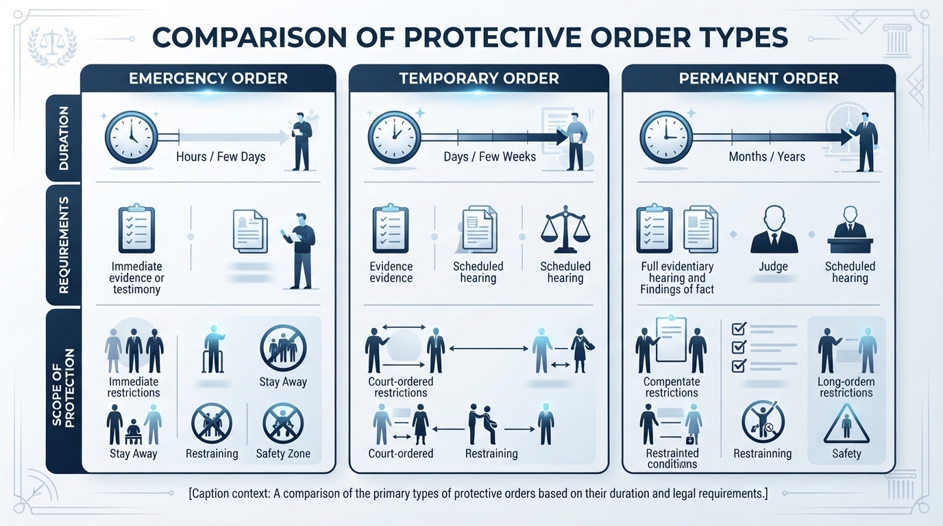 A comparison chart showing the differences between emergency, temporary, and permanent protective orders based on duration and requirements.