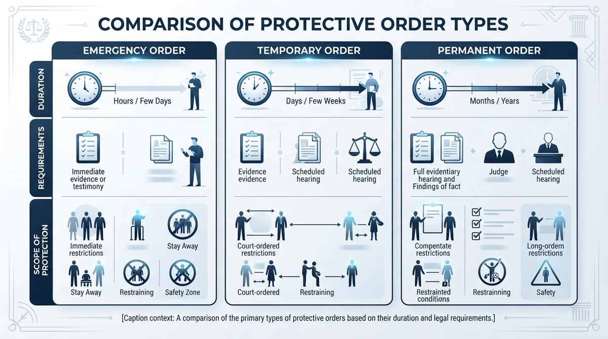 A comparison chart showing the differences between emergency, temporary, and permanent protective orders based on duration and requirements.