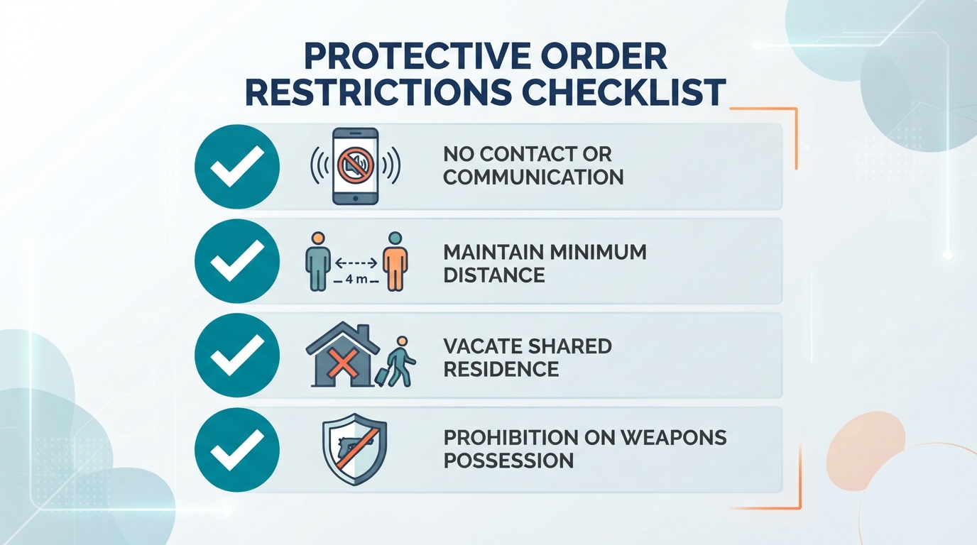 An illustrative checklist showing common restrictions included in a protective order.