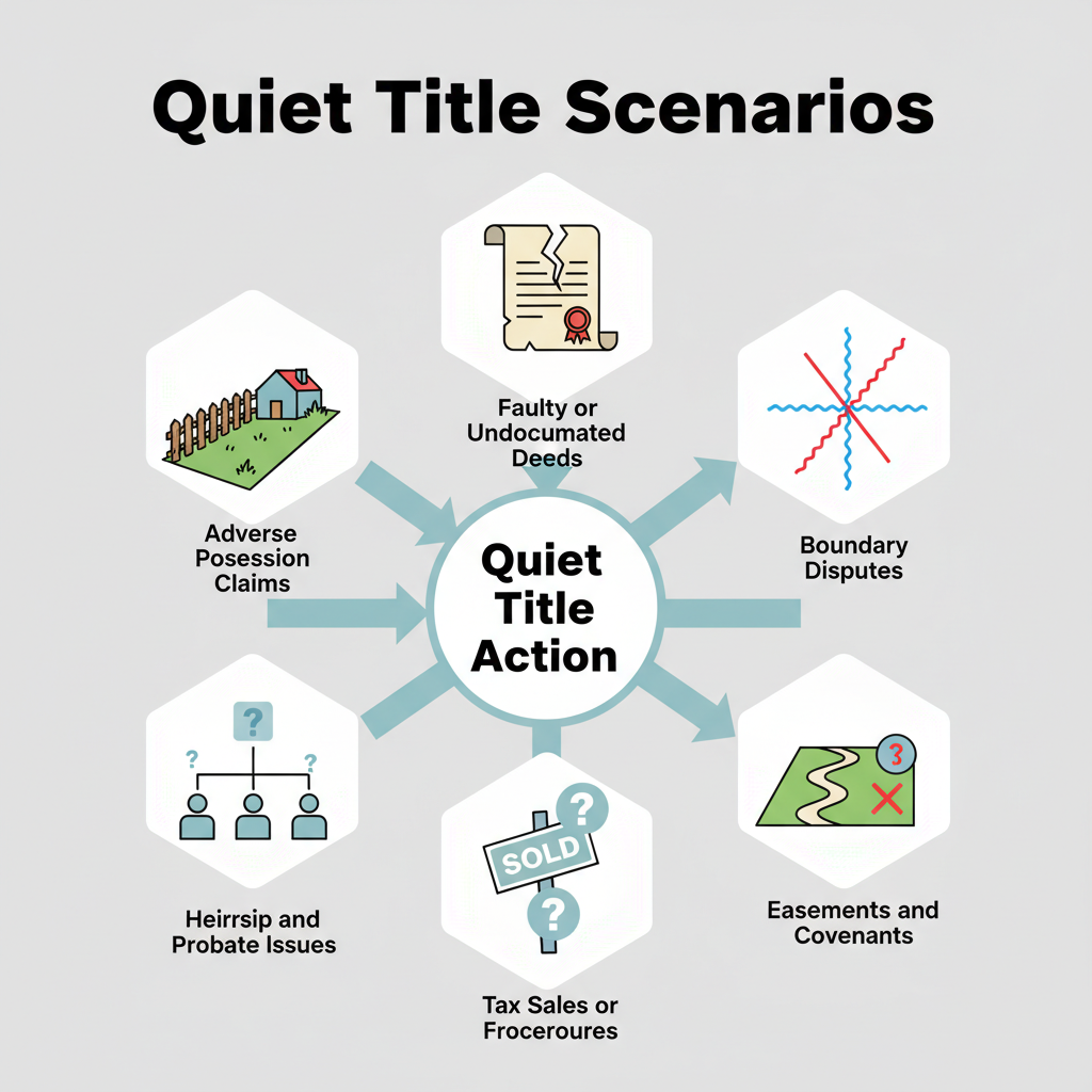 Diagram showing various scenarios like adverse possession, faulty deeds, and boundary disputes, all pointing to the need for a quiet title action.