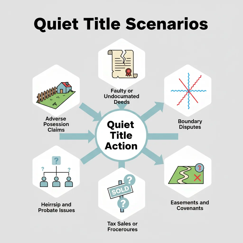 Diagram showing various scenarios like adverse possession, faulty deeds, and boundary disputes, all pointing to the need for a quiet title action.