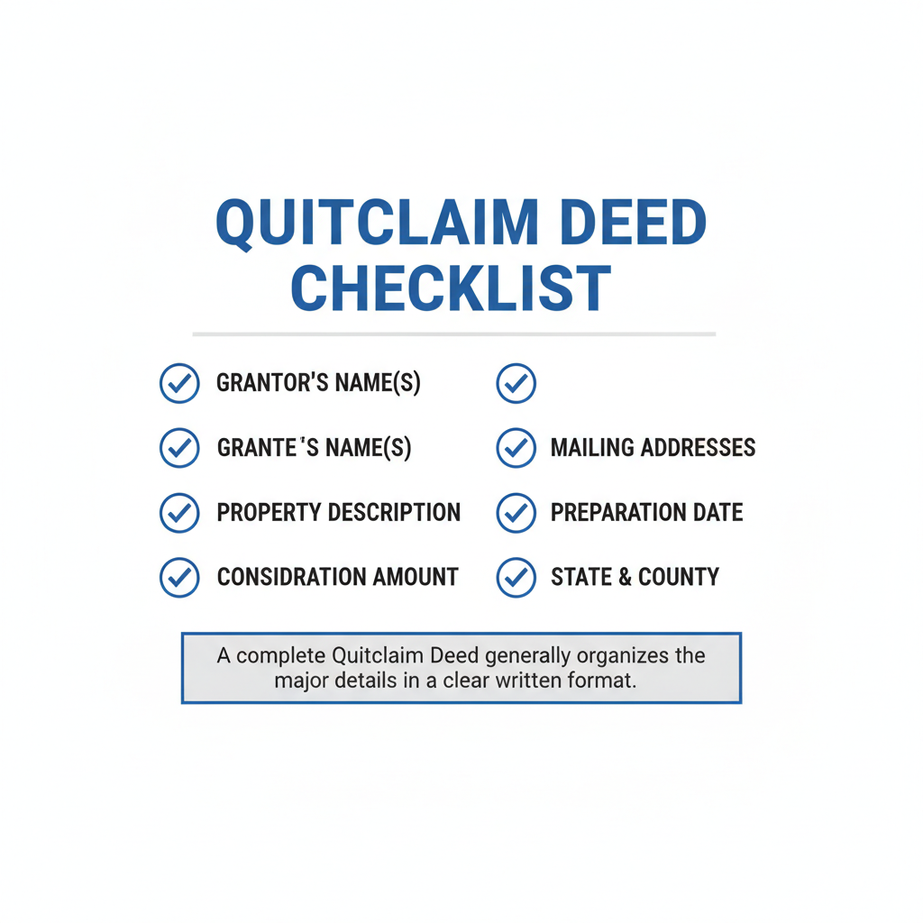 Checklist of details commonly addressed in a Quitclaim Deed.