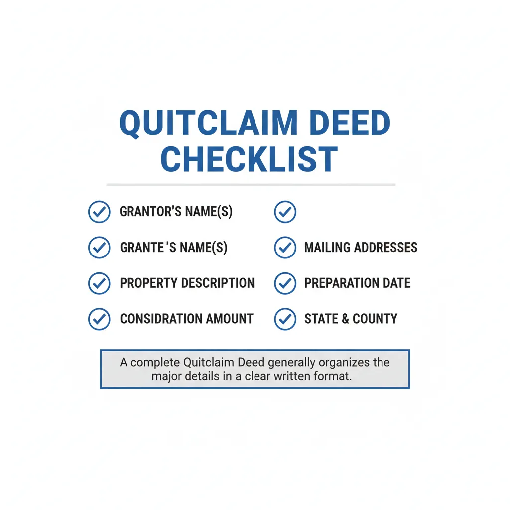 Checklist of details commonly addressed in a Quitclaim Deed.