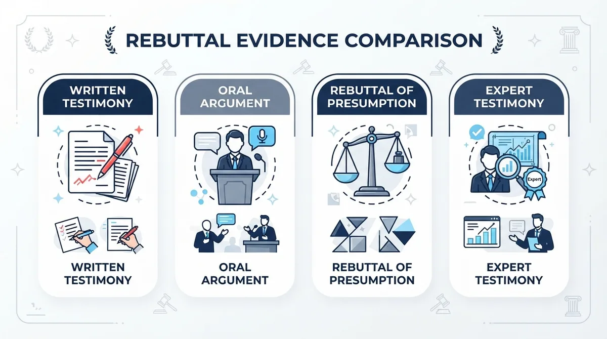 Comparison chart of written testimony, oral argument, rebuttal of presumption, and expert testimony.