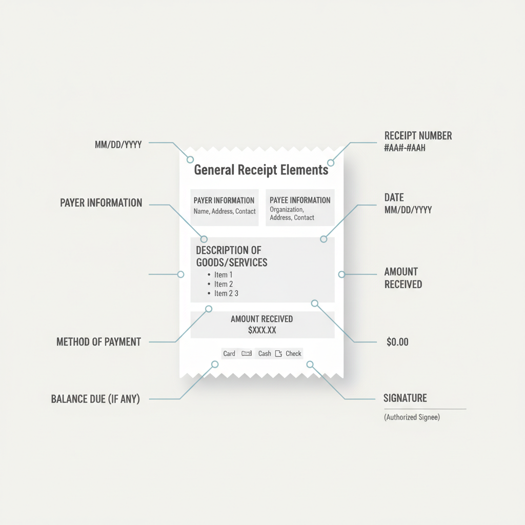 Diagram showing the essential components found on a general receipt template.