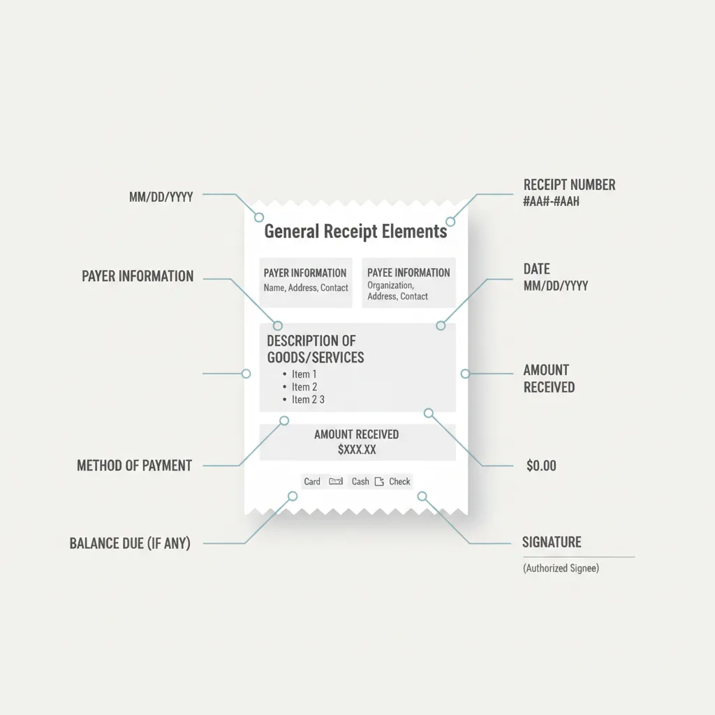 Diagram showing the essential components found on a general receipt template.