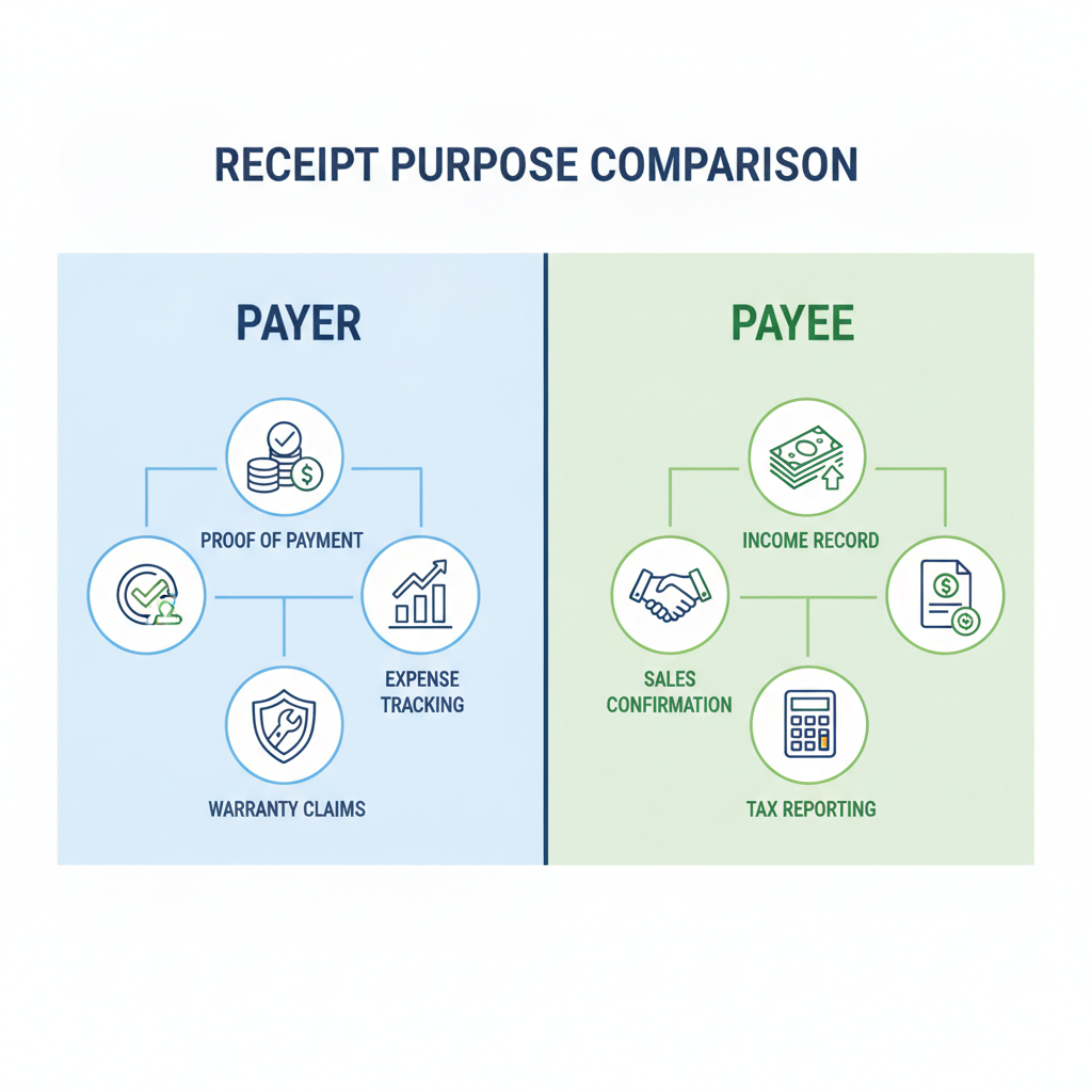 Comparison showing the different uses of a receipt for the payer versus the payee.