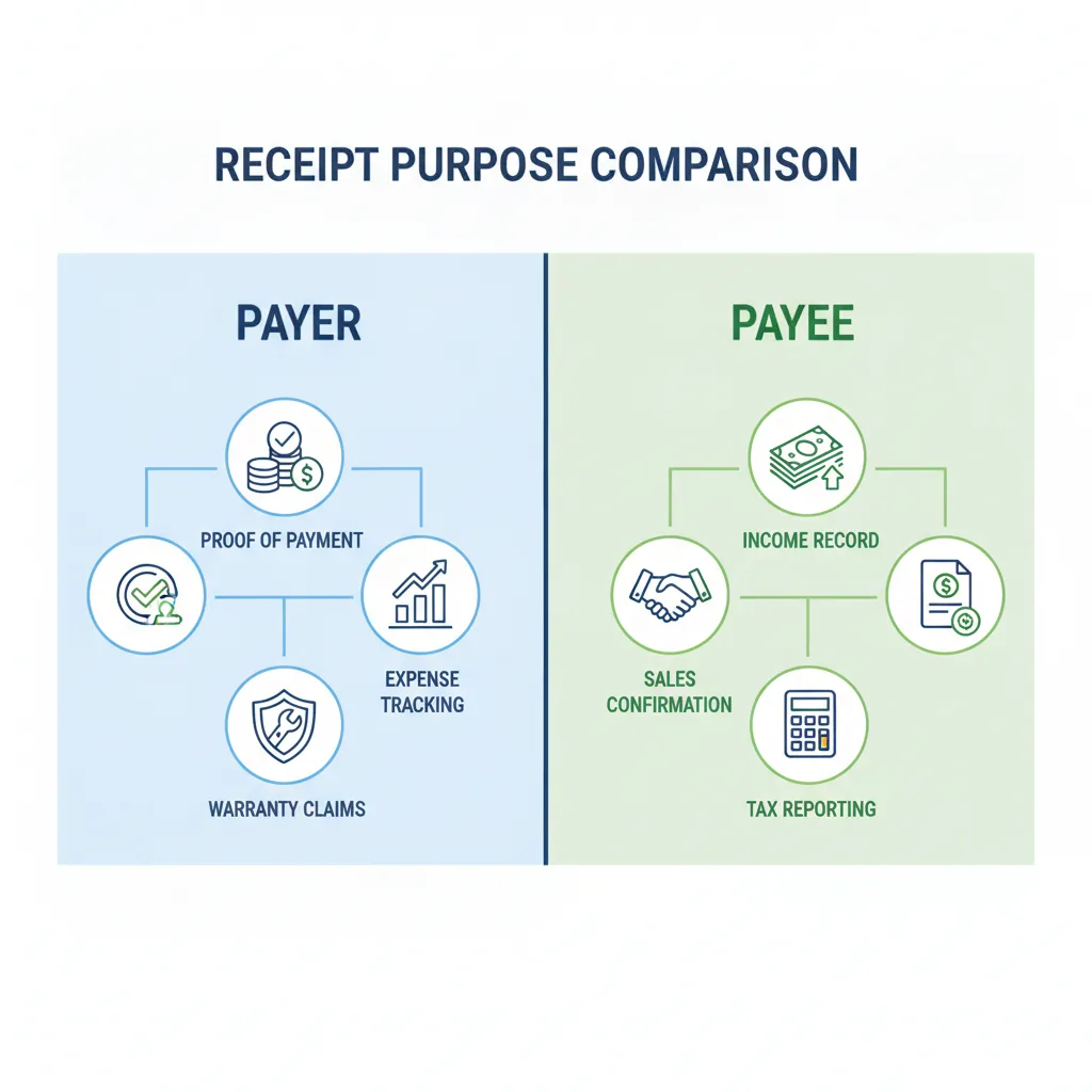 Comparison showing the different uses of a receipt for the payer versus the payee.