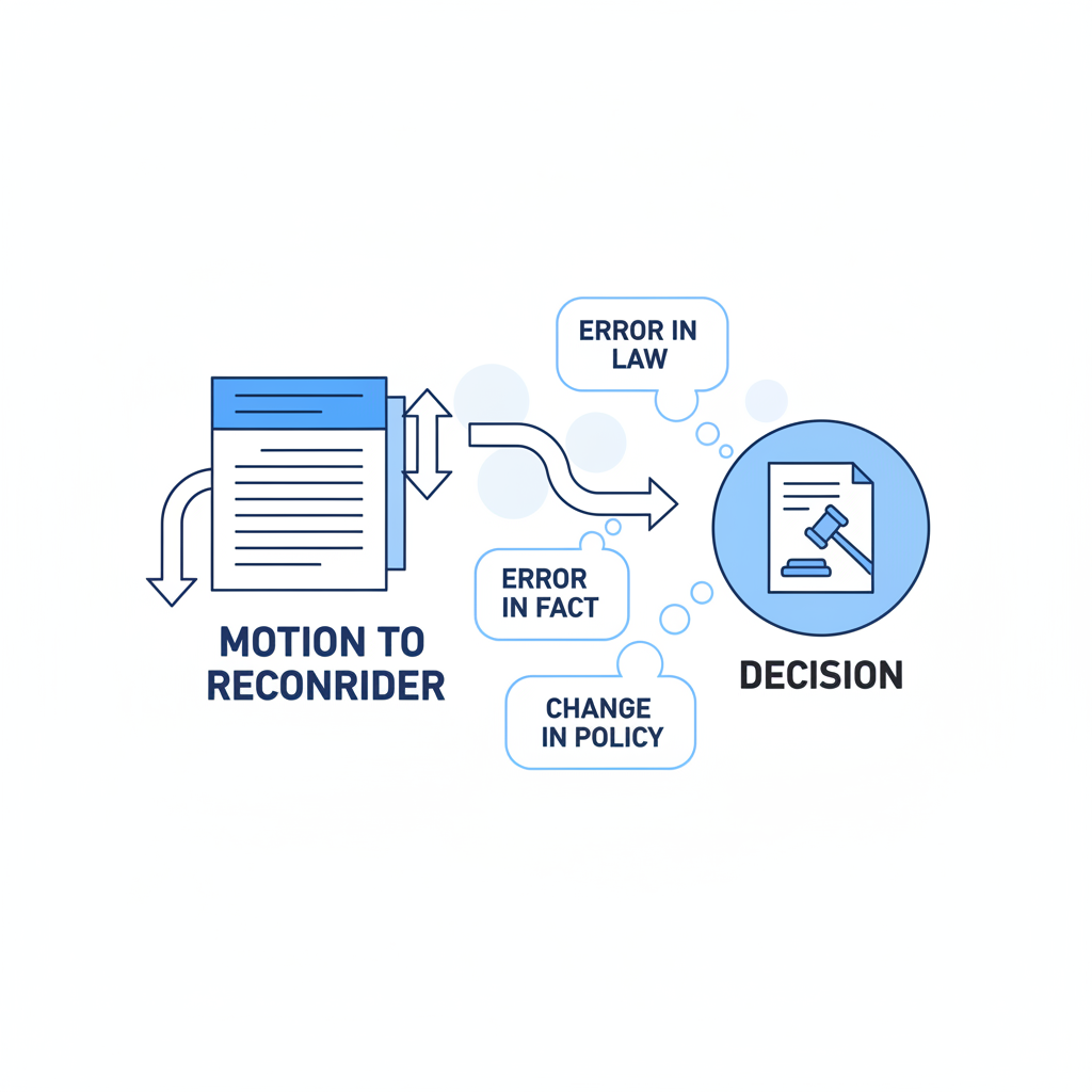 Illustration showing the core concepts behind a Motion to Reconsider, highlighting errors in law, fact, or policy.