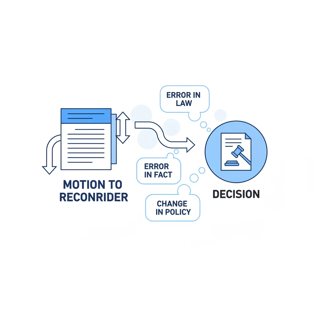 Illustration showing the core concepts behind a Motion to Reconsider, highlighting errors in law, fact, or policy.