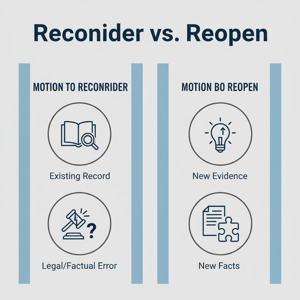 Comparison table illustrating the key differences between a Motion to Reconsider and a Motion to Reopen.