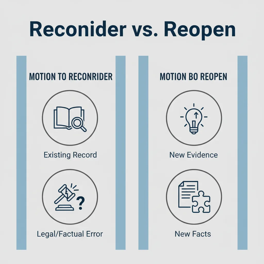 Comparison table illustrating the key differences between a Motion to Reconsider and a Motion to Reopen.