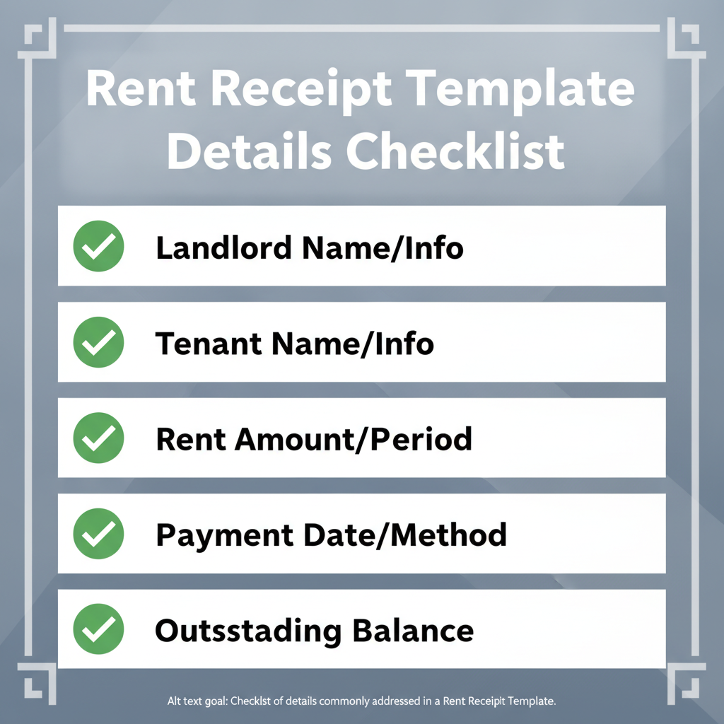 Checklist of details commonly addressed in a Rent Receipt Template.