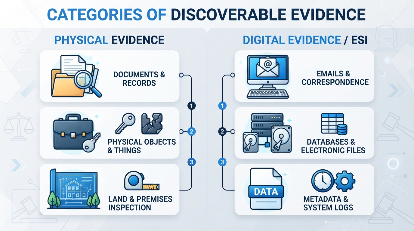 Comparison diagram showing physical and digital evidence categories in civil discovery.
