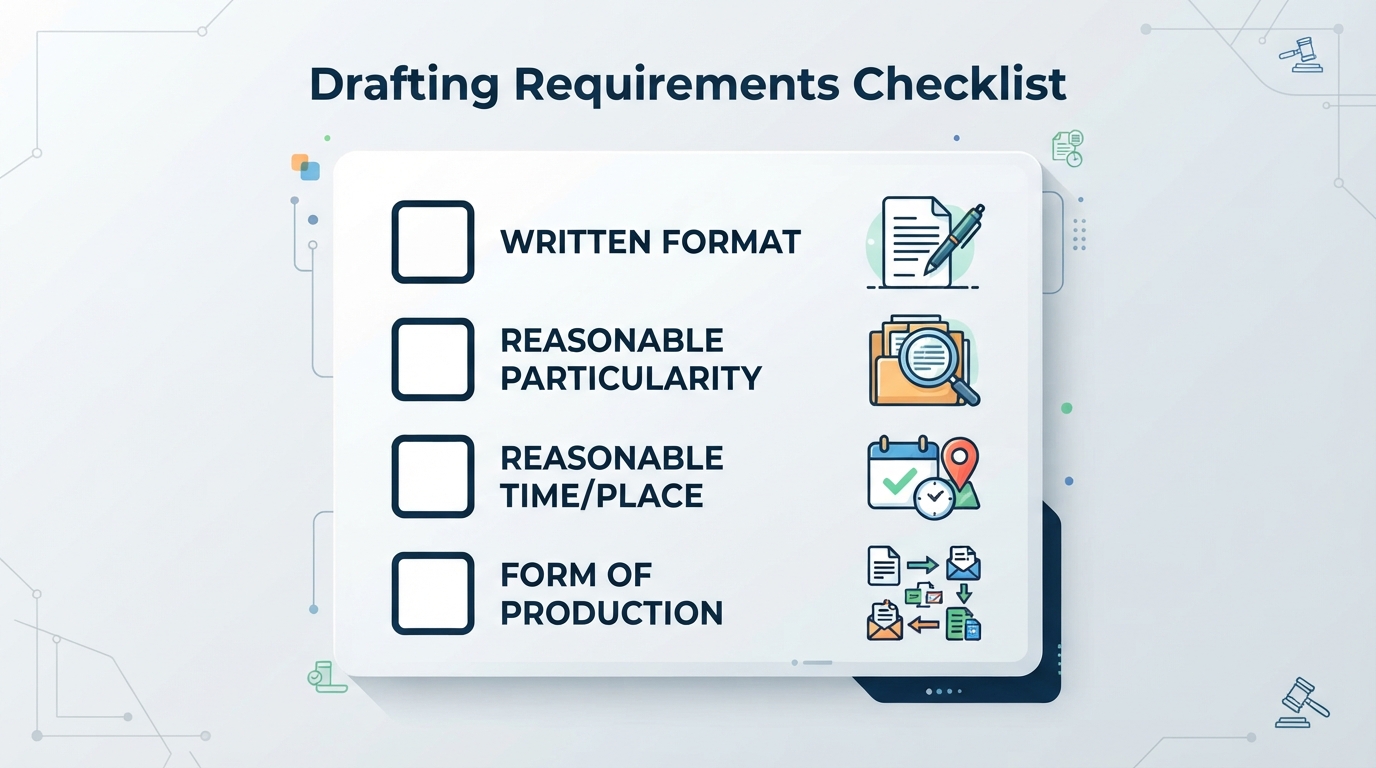 Checklist showing the required elements for drafting a valid Request for Production.