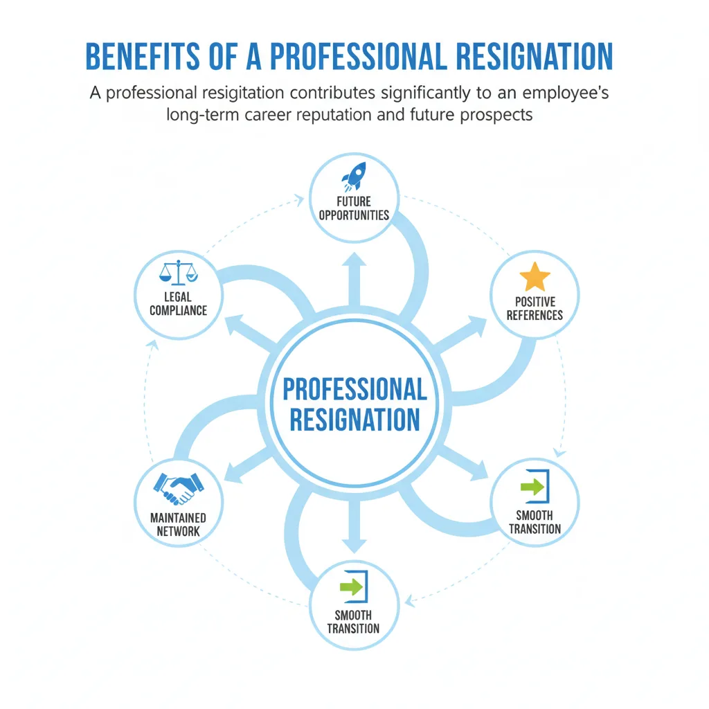 Diagram showing the benefits of submitting a professional resignation letter, including positive references and a smooth transition.