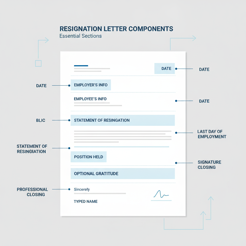 Diagram illustrating the essential components and sections of a professional resignation letter.