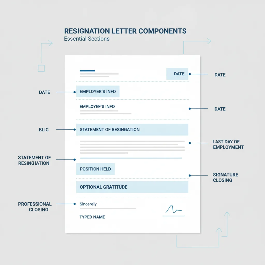 Diagram illustrating the essential components and sections of a professional resignation letter.