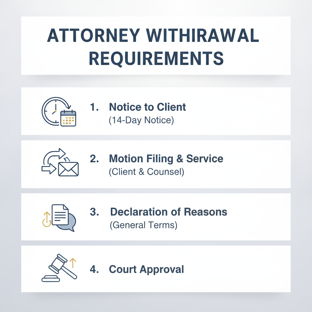 Checklist showing key steps and requirements for an attorney to withdraw from a legal case.