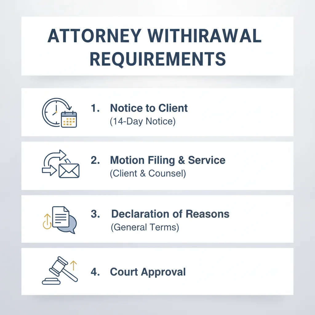 Checklist showing key steps and requirements for an attorney to withdraw from a legal case.