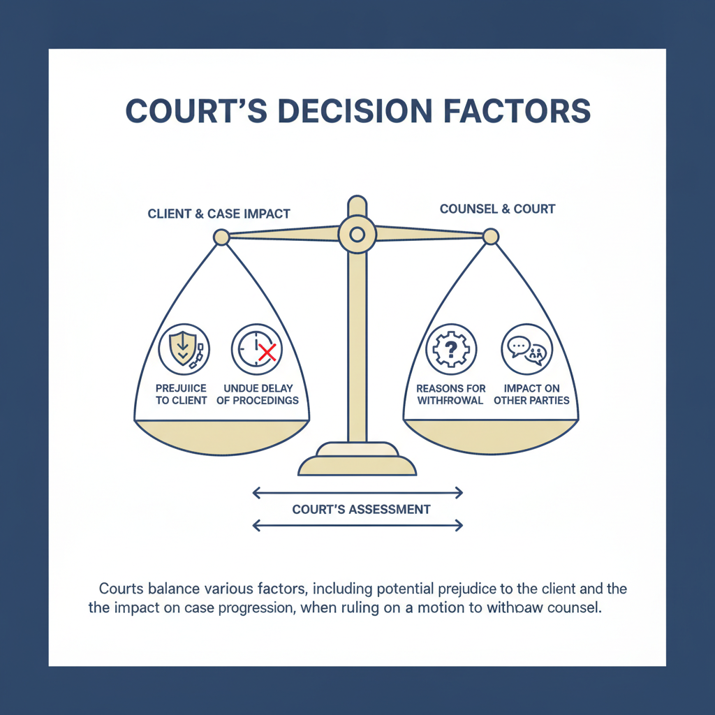Diagram illustrating the factors a court considers when deciding whether to grant an attorney's motion to withdraw, including prejudice to client and delay.