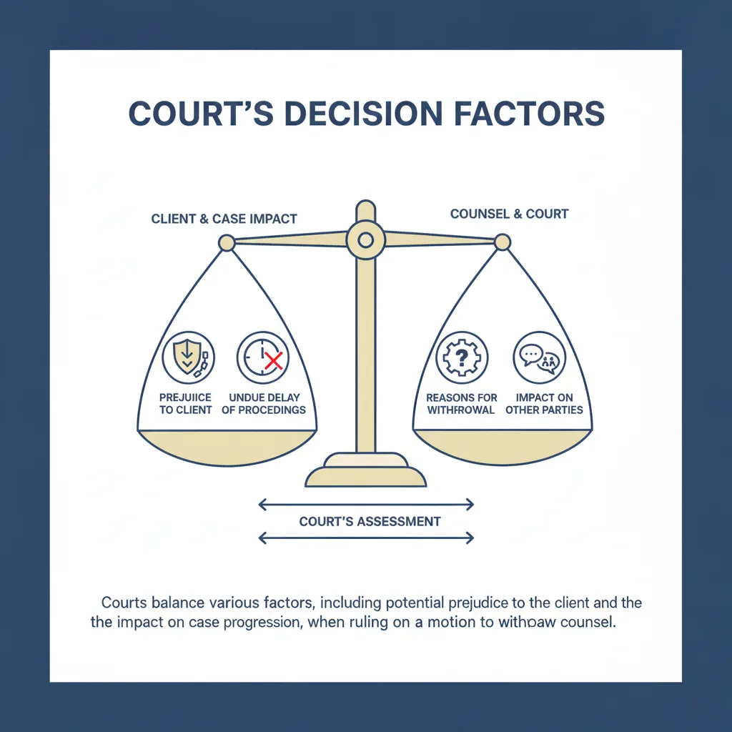 Diagram illustrating the factors a court considers when deciding whether to grant an attorney's motion to withdraw, including prejudice to client and delay.
