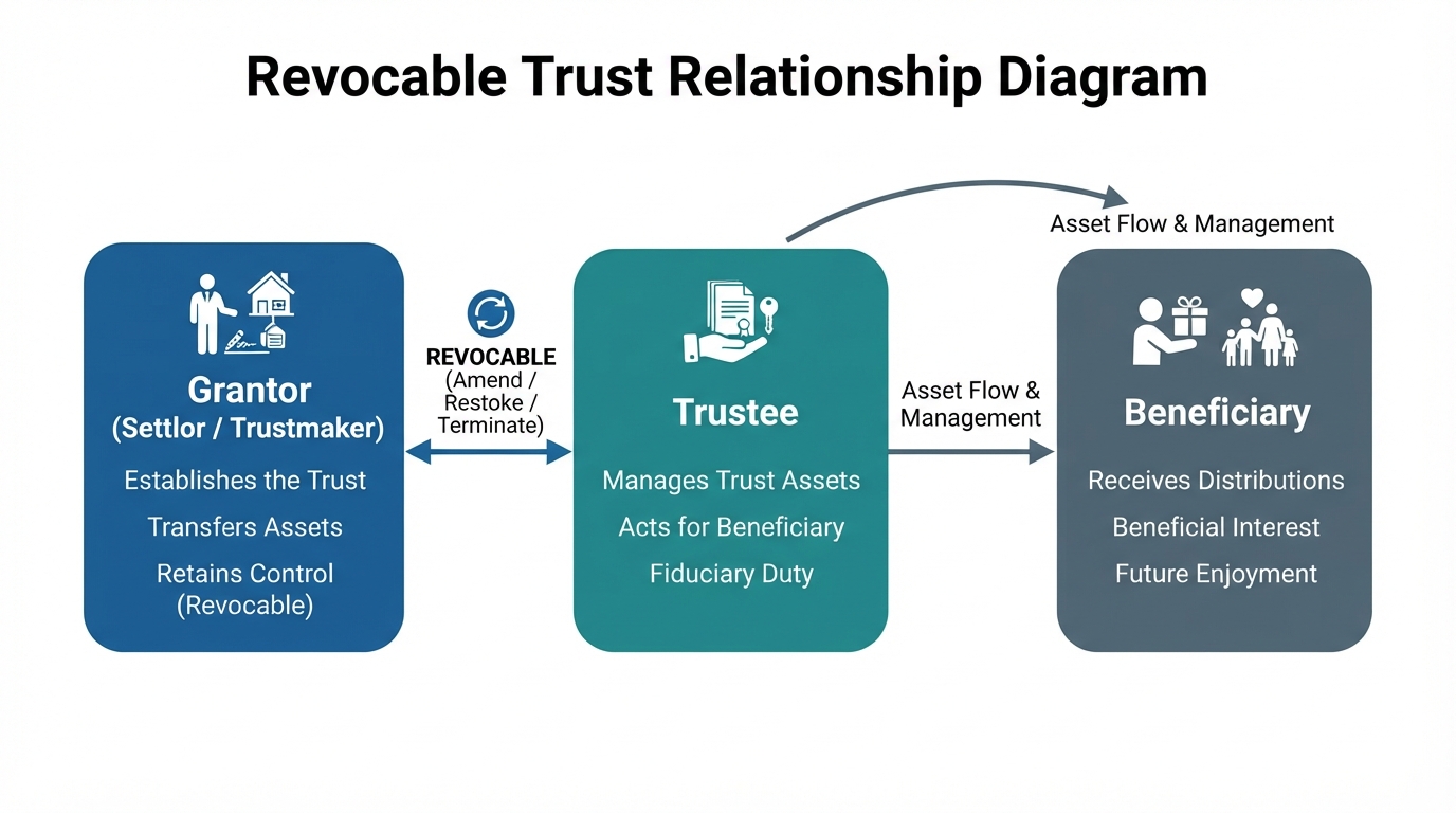 Conceptual diagram showing the flow of assets and roles between the grantor, trustee, and beneficiary in a revocable trust.