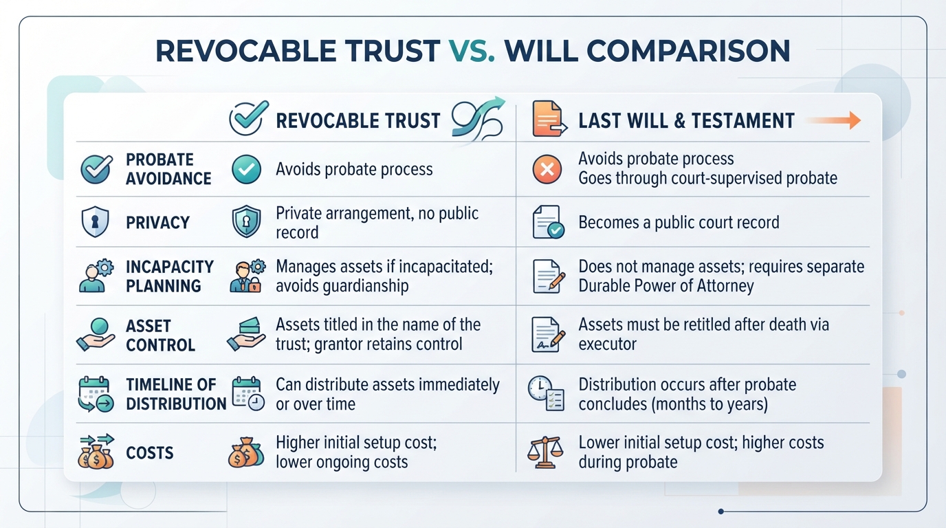 Comparison graphic contrasting the differences between a revocable trust and a last will.