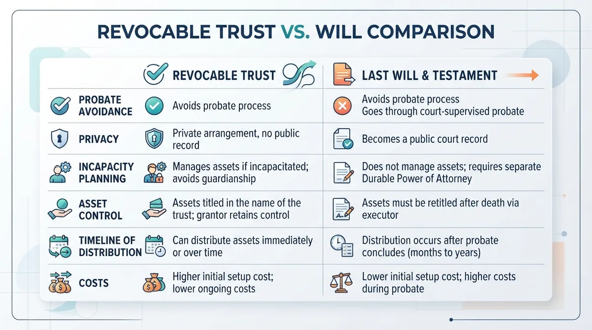 Comparison graphic contrasting the differences between a revocable trust and a last will.