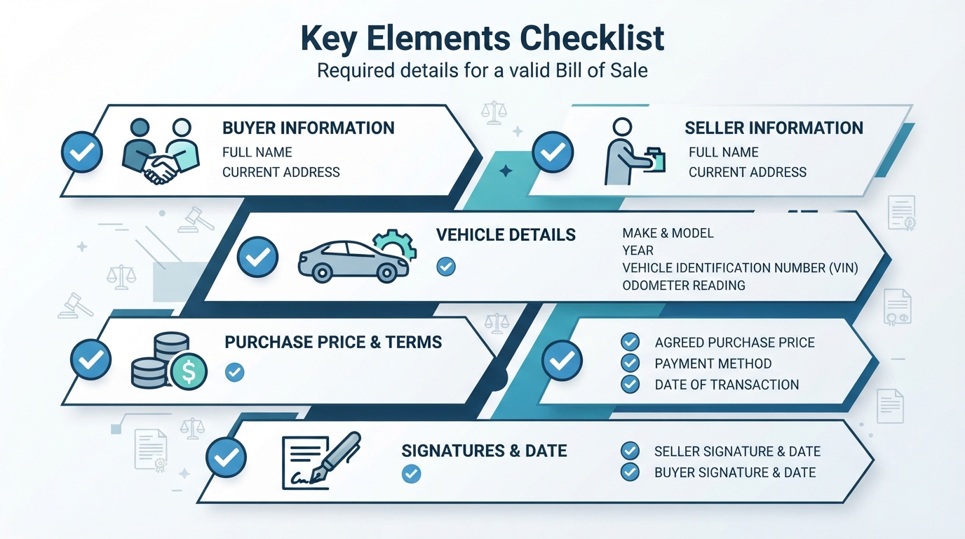 An infographic checklist showing the required elements of a bill of sale.