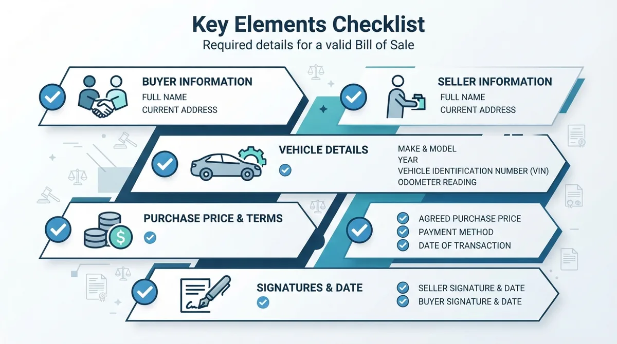 An infographic checklist showing the required elements of a bill of sale.