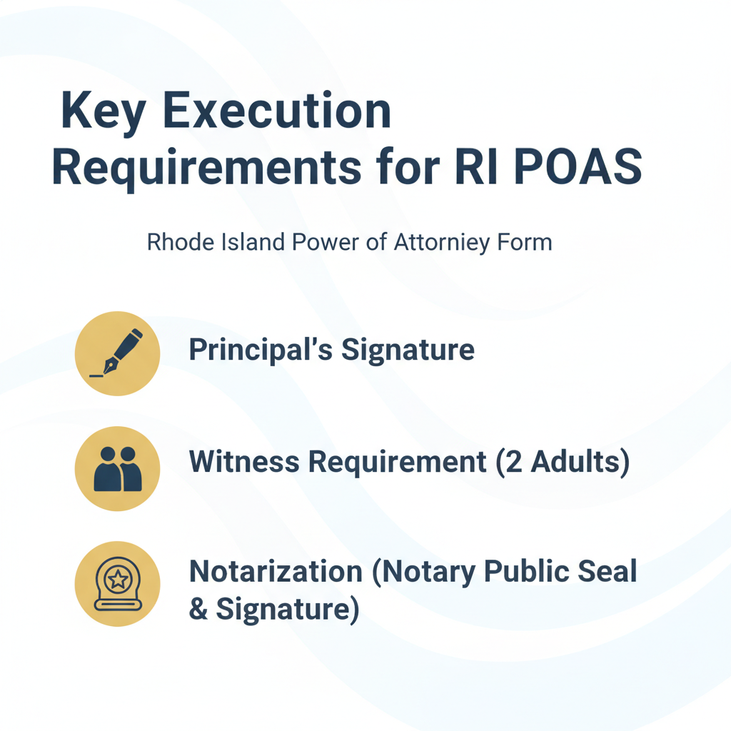 Checklist outlining key execution requirements for Rhode Island Power of Attorney forms, including principal's signature, witness requirement, and notarization.