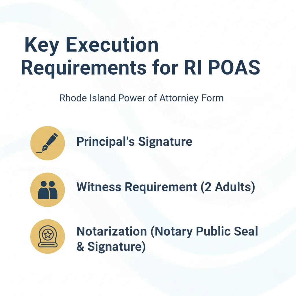 Checklist outlining key execution requirements for Rhode Island Power of Attorney forms, including principal's signature, witness requirement, and notarization.
