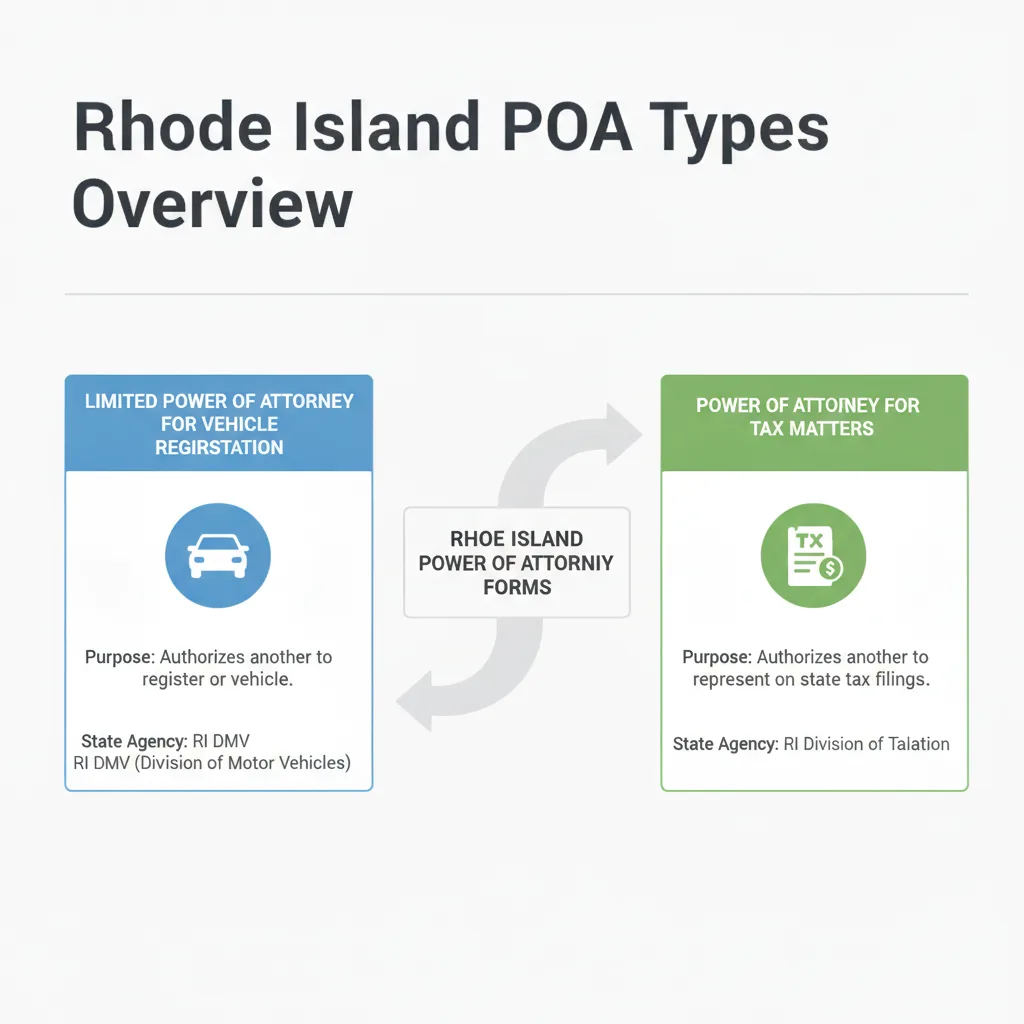 Diagram showing two types of Rhode Island Power of Attorney: one for vehicle registration with a car icon, and one for tax matters with a tax form icon.