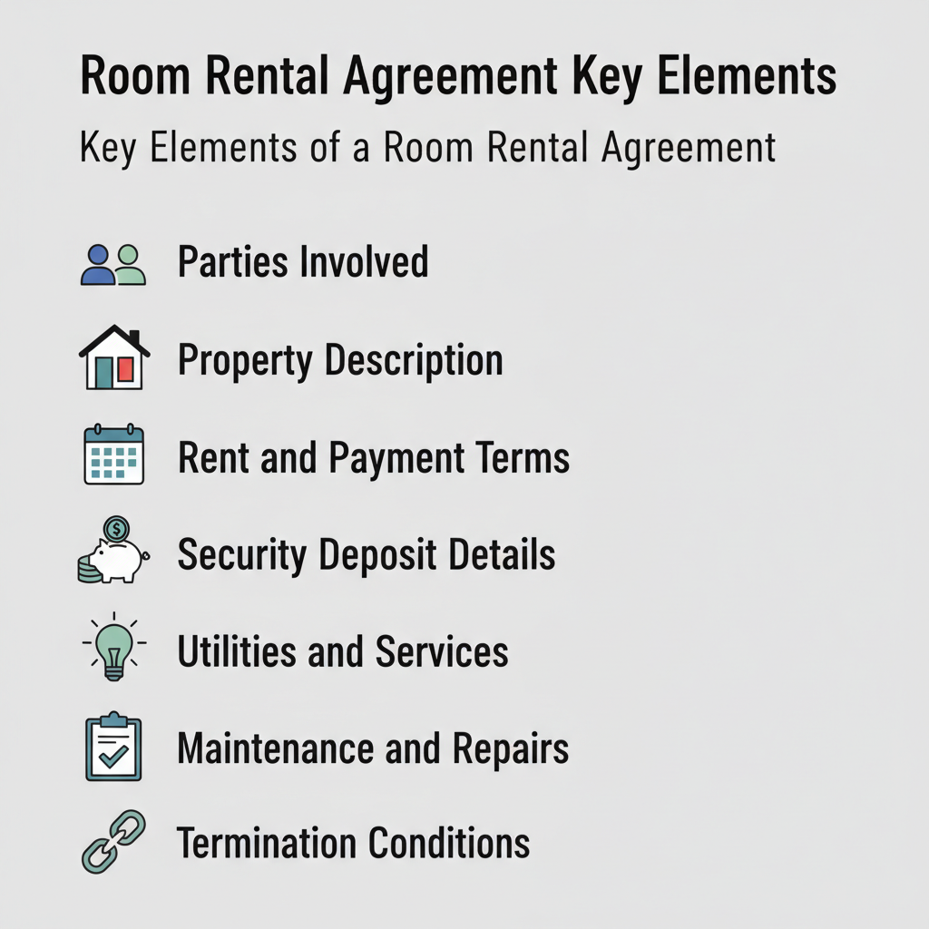 Checklist of key elements typically included in a room rental agreement, such as parties, property description, rent, security deposit, and house rules.