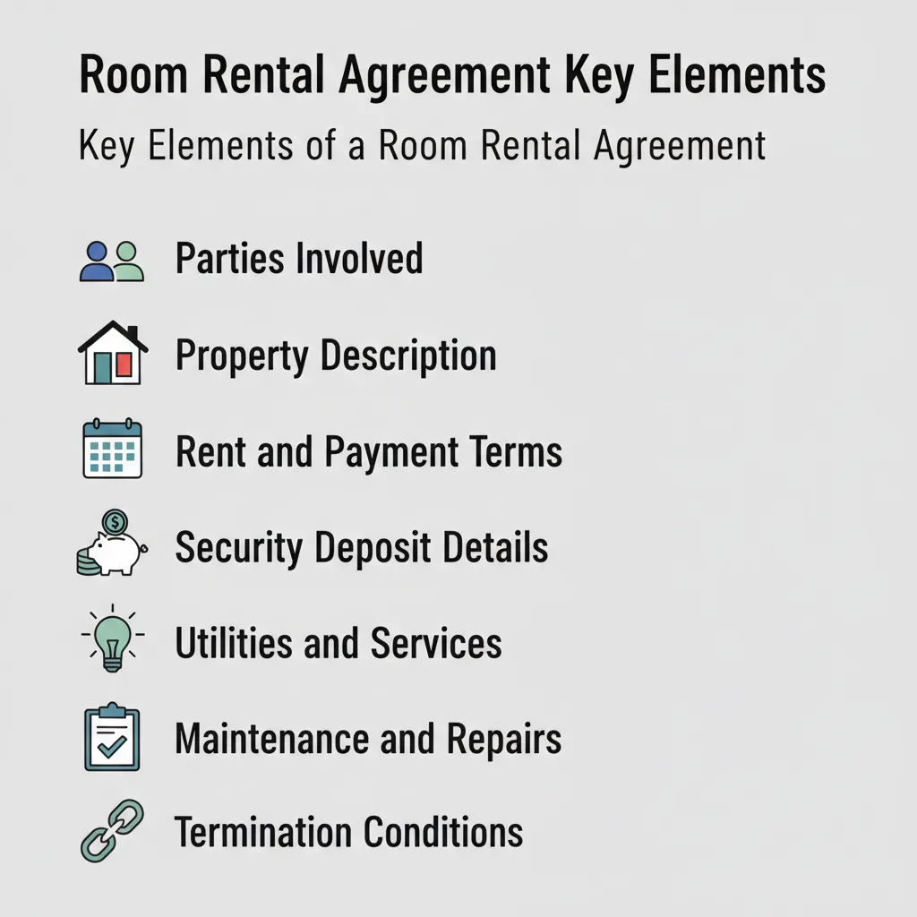 Checklist of key elements typically included in a room rental agreement, such as parties, property description, rent, security deposit, and house rules.