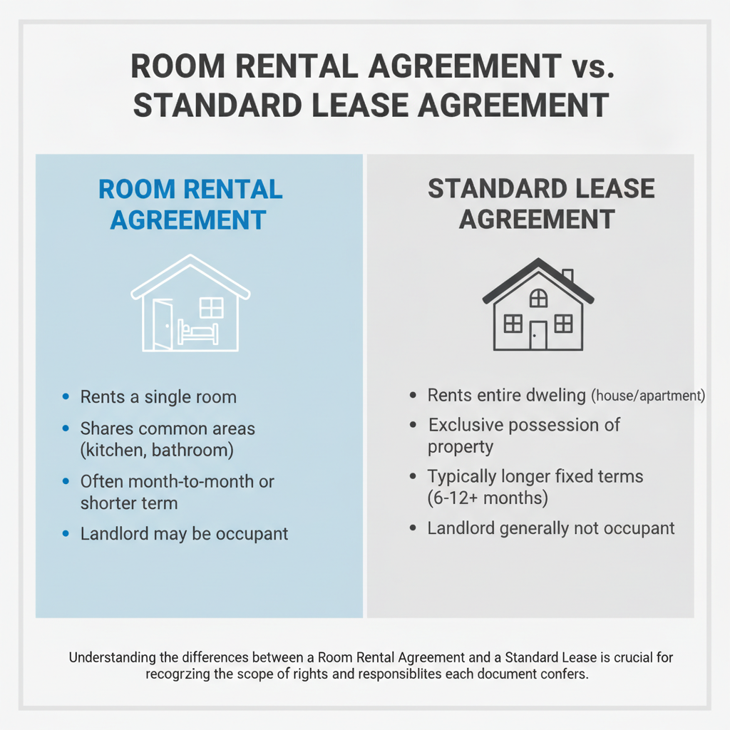 Comparison table illustrating the differences between a Room Rental Agreement and a Standard Lease Agreement, highlighting rented space, shared areas, and tenancy duration.