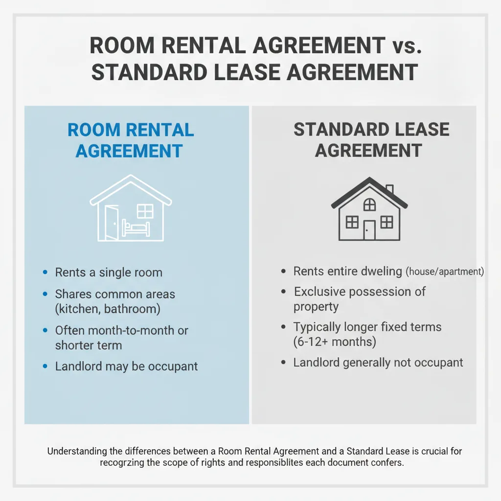 Comparison table illustrating the differences between a Room Rental Agreement and a Standard Lease Agreement, highlighting rented space, shared areas, and tenancy duration.