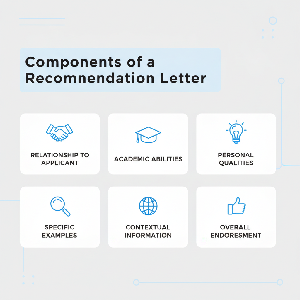 Infographic showing the essential parts of a strong letter of recommendation for school.