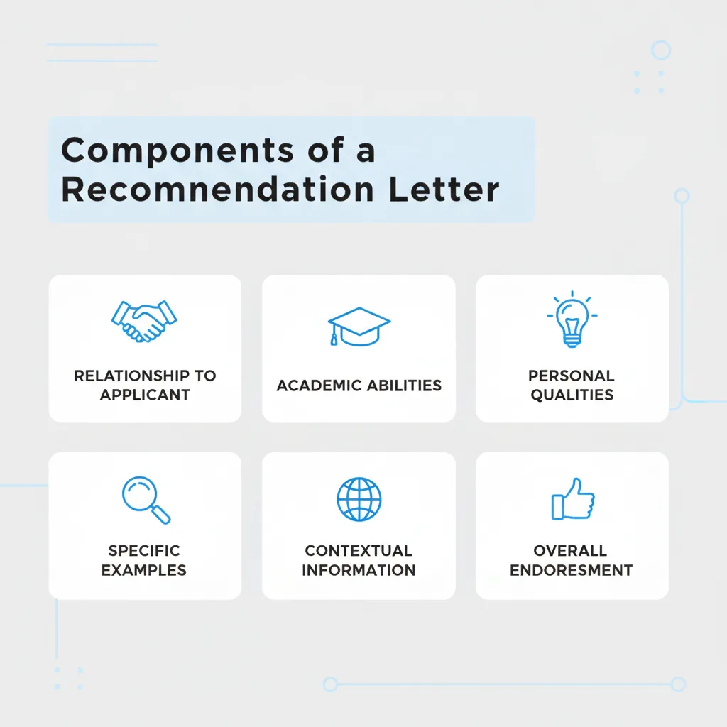 Infographic showing the essential parts of a strong letter of recommendation for school.