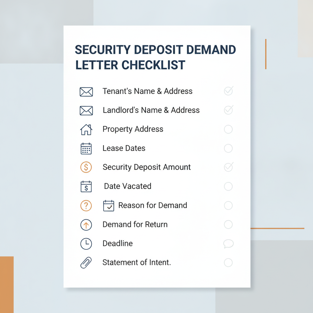 Checklist of key components required in a Security Deposit Demand Letter.