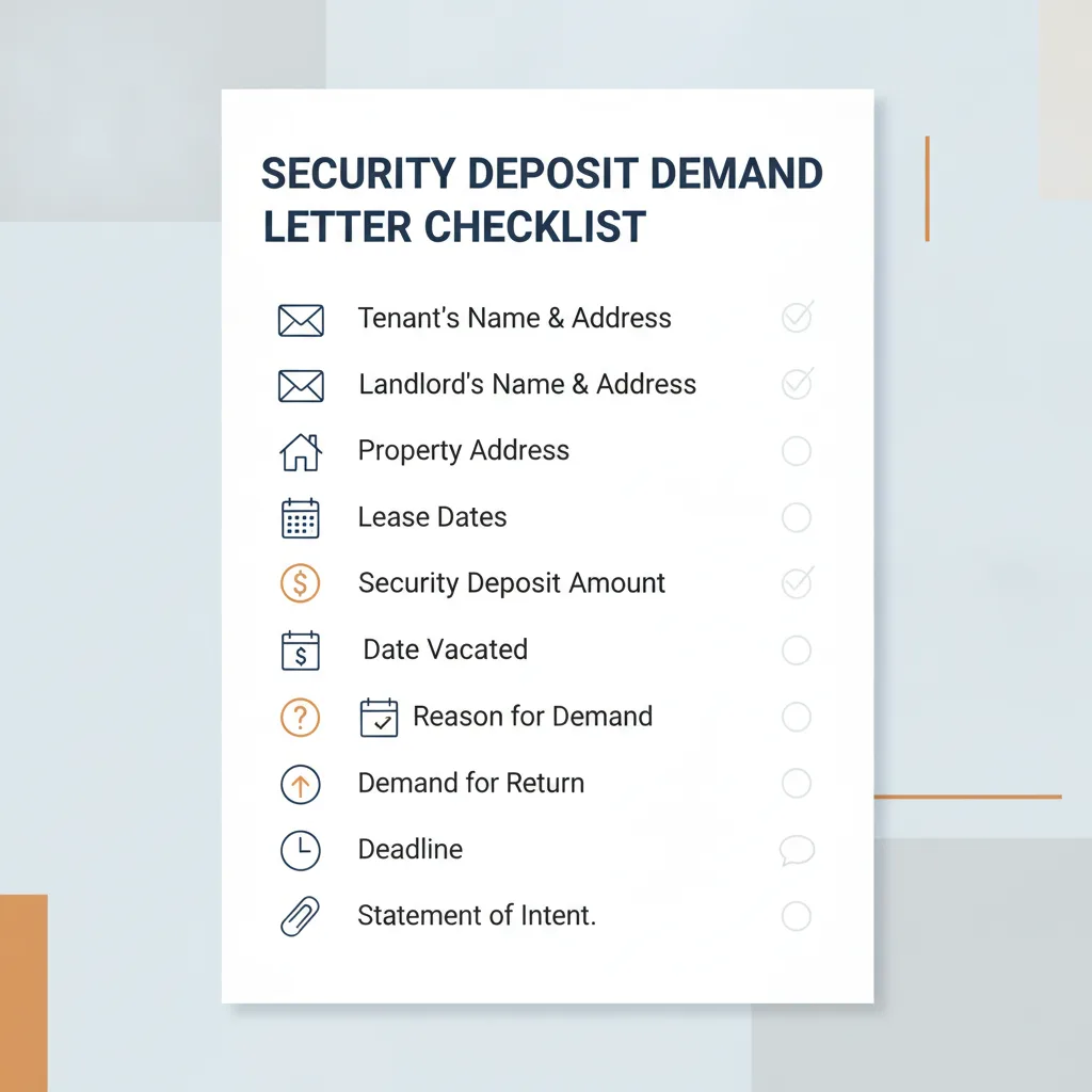 Checklist of key components required in a Security Deposit Demand Letter.