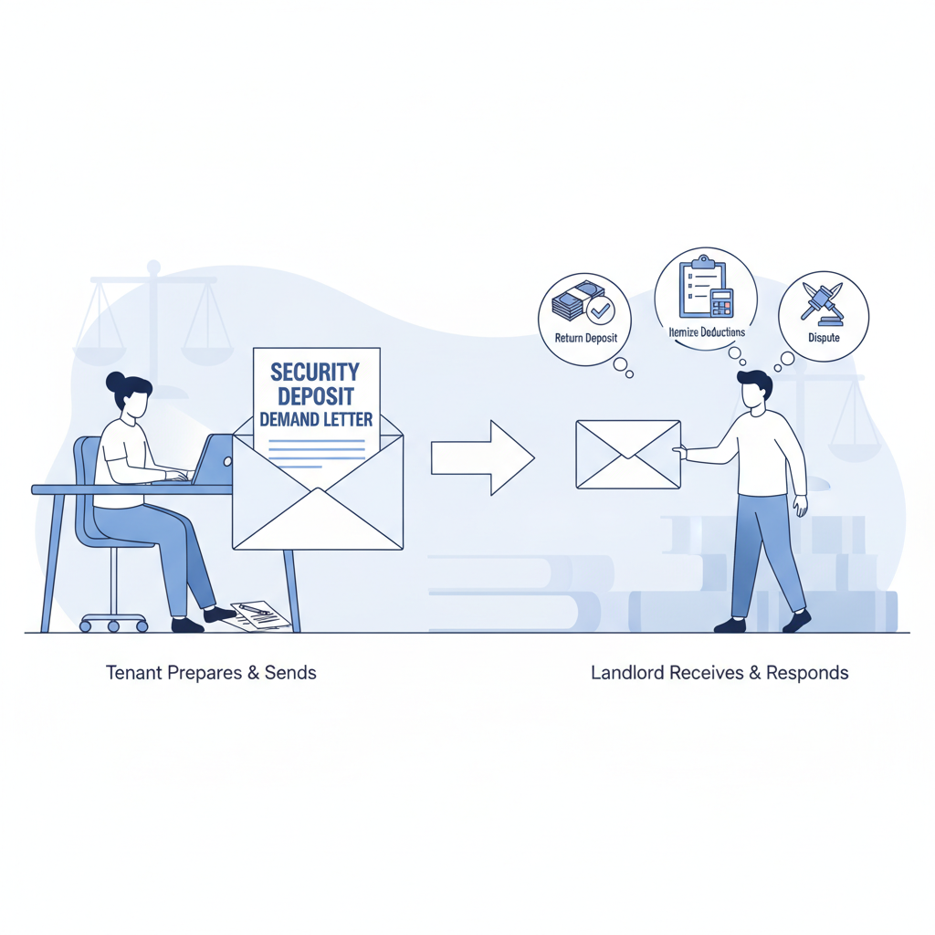 Illustration showing a tenant preparing and sending a security deposit demand letter, and a landlord receiving it with various potential responses.