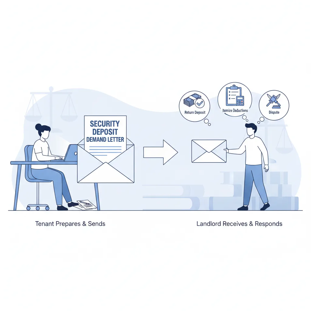 Illustration showing a tenant preparing and sending a security deposit demand letter, and a landlord receiving it with various potential responses.