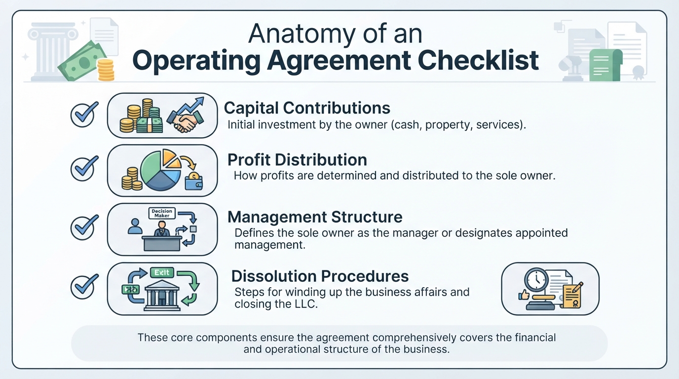 Checklist of essential components in a Single Member LLC Operating Agreement.