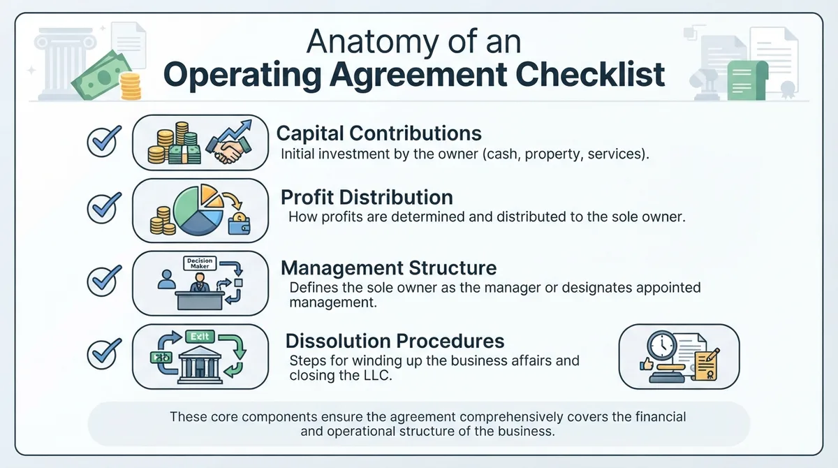 Checklist of essential components in a Single Member LLC Operating Agreement.