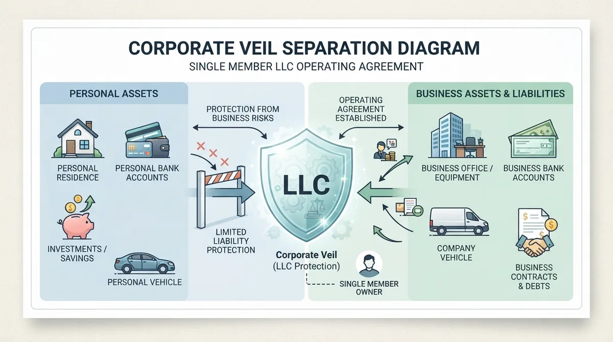 Diagram showing the separation of personal and business assets under a Single Member LLC.