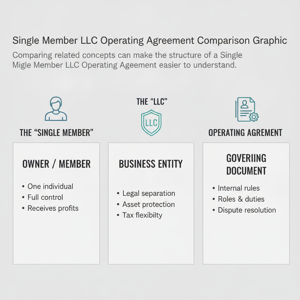 Comparison graphic explaining concepts related to a Single Member LLC Operating Agreement.